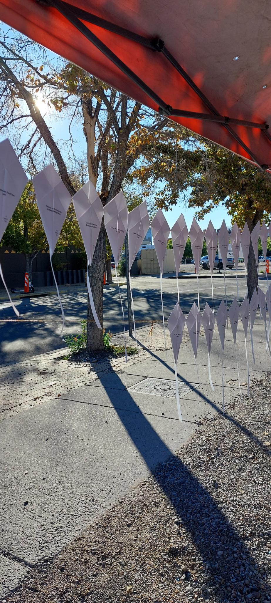 kites hanging up in a festival tent